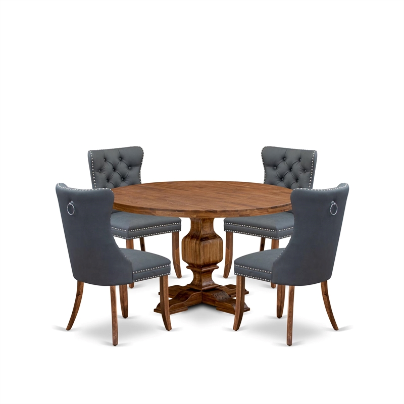Pemberly Row 5-Piece Round Dining Set Rubberwood Walnut Finish Faux Leather