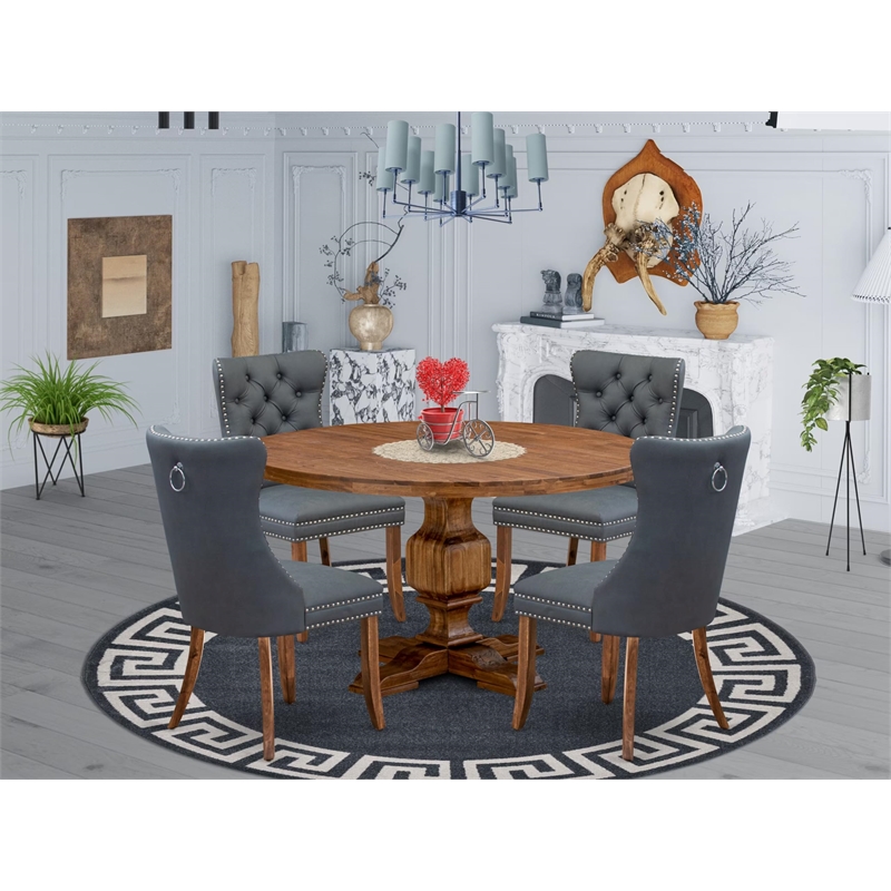 Pemberly Row 5-Piece Round Dining Set Rubberwood Walnut Finish Faux Leather