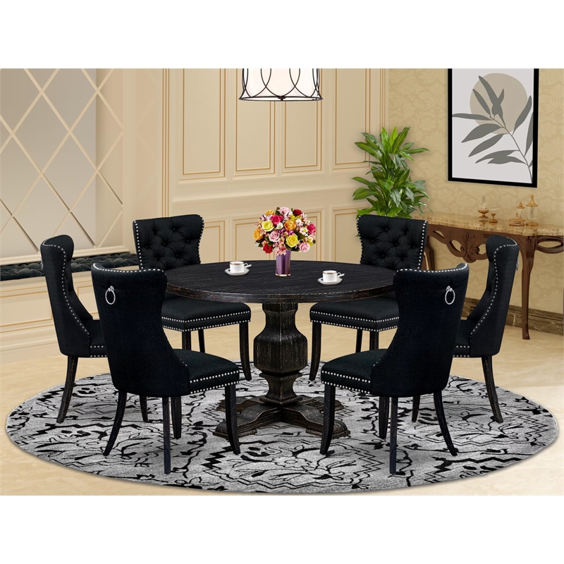 Pemberly Row 7-Piece Round Dining Set with Black Linen Upholstery