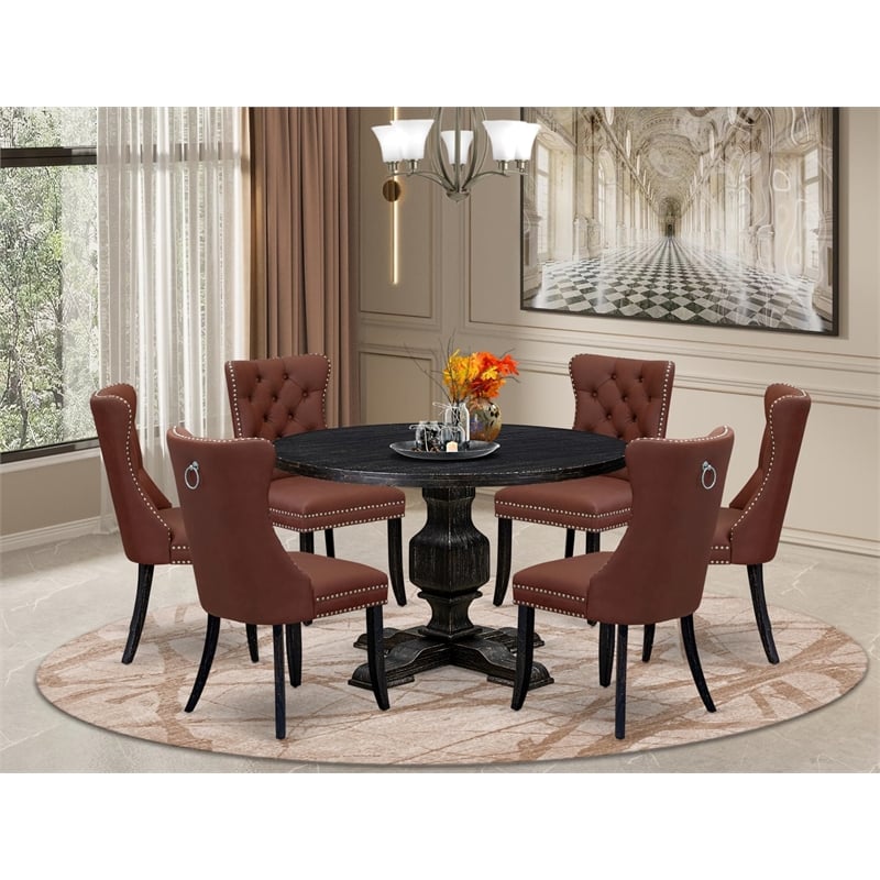 Pemberly Row 7-Piece Round Kitchen Set with Burgundy Faux Leather