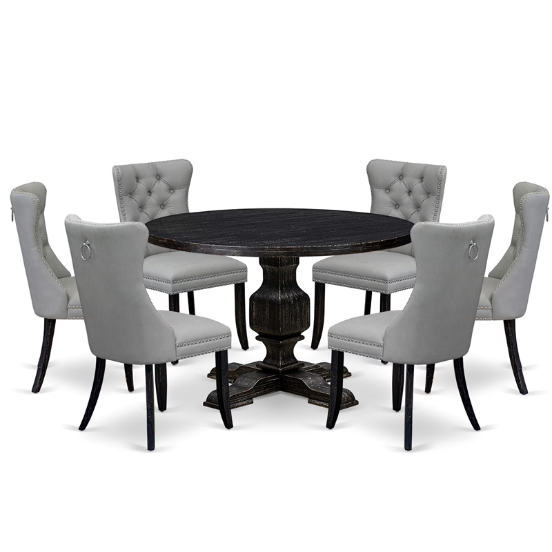 Pemberly Row 7-Piece Round Dining Set with Faux Leather in Black Wood