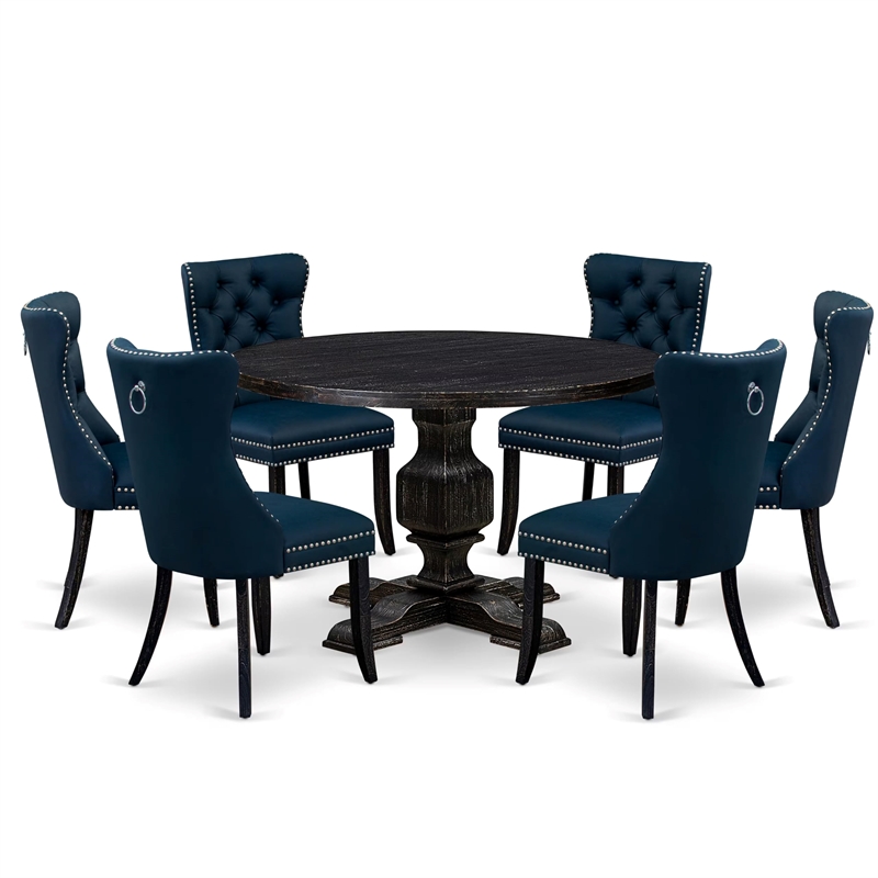 Pemberly Row 7-Piece Round Dining Set with Navy Blue Faux Leather