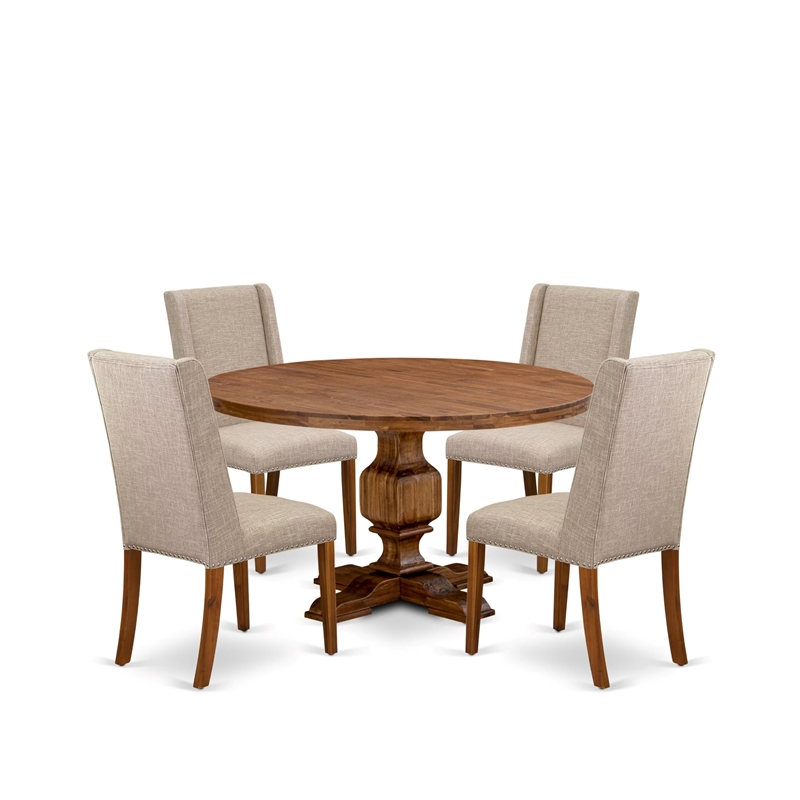 Pemberly Row 5-Piece Round Dining Set with Linen Upholstery in Walnut