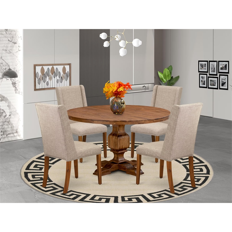Pemberly Row 5-Piece Round Dining Set with Linen Upholstery in Walnut