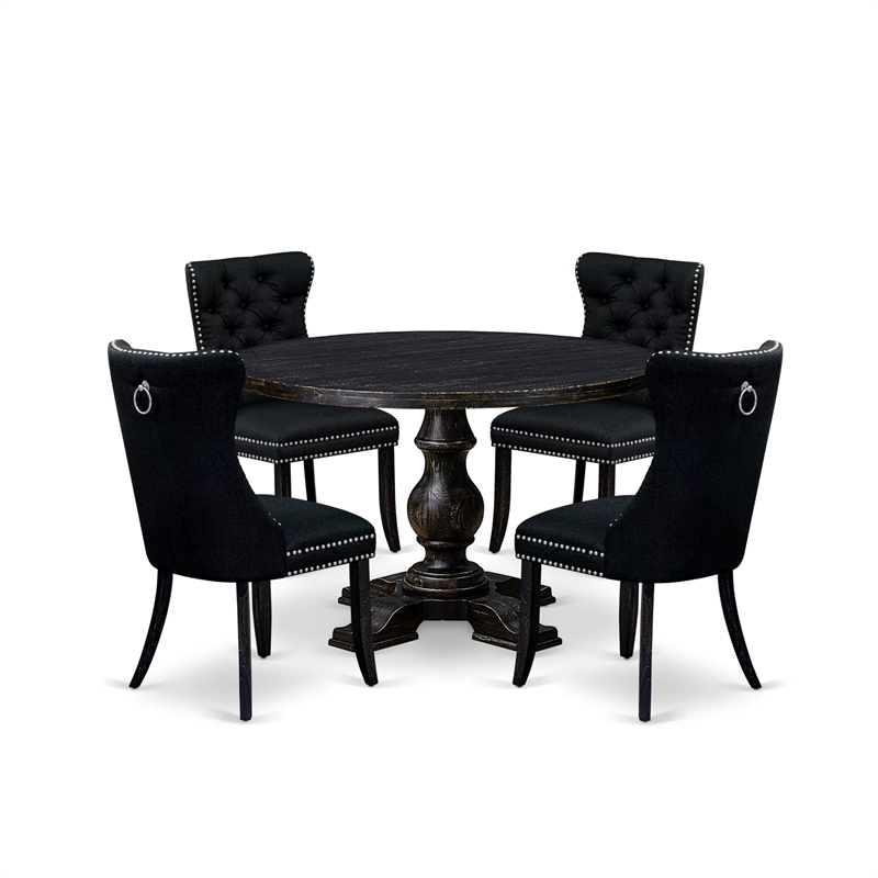 Pemberly Row 5-Piece Dining Set with Black Linen Upholstery and Wood Table
