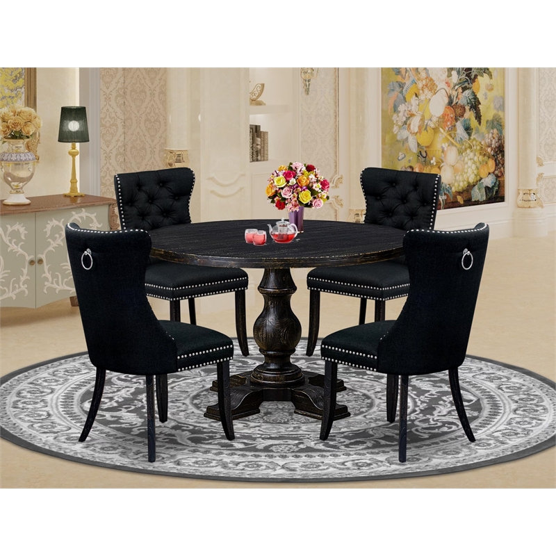 Pemberly Row 5-Piece Dining Set with Black Linen Upholstery and Wood Table