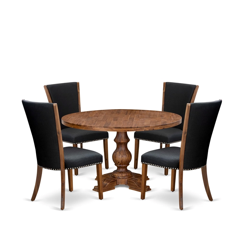 Pemberly Row 5-Piece Round Dining Table Set with Black Linen Chairs Walnut