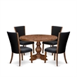 Pemberly Row 5-Piece Round Dining Table Set with Black Linen Chairs Walnut