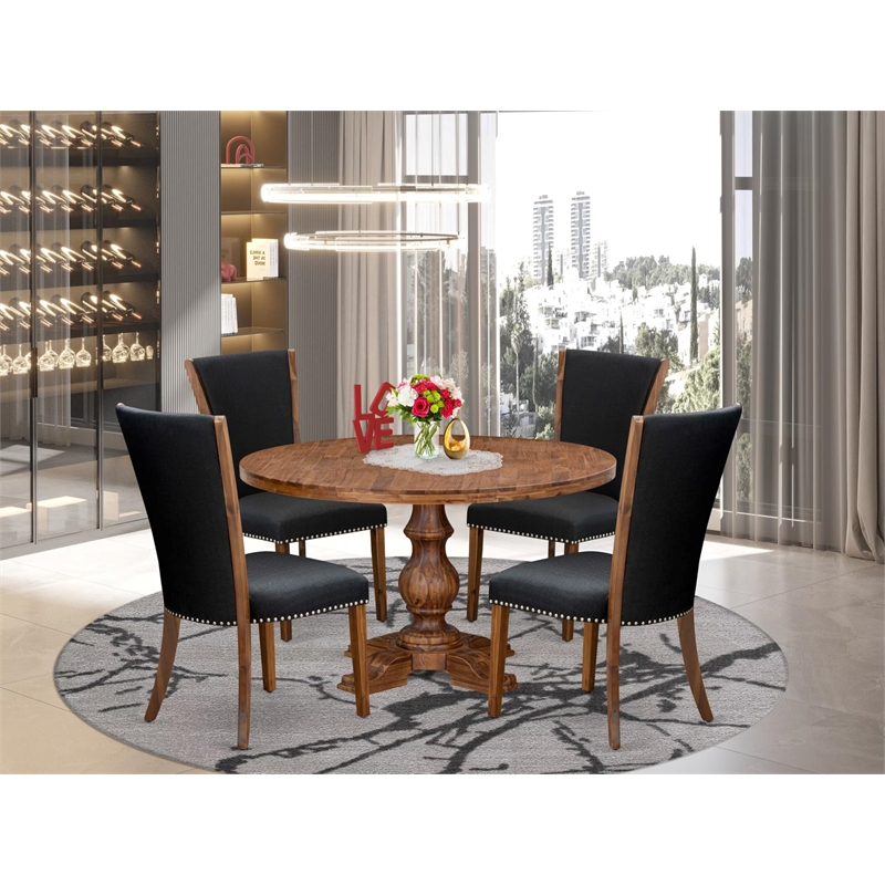 Pemberly Row 5-Piece Round Dining Table Set with Black Linen Chairs Walnut