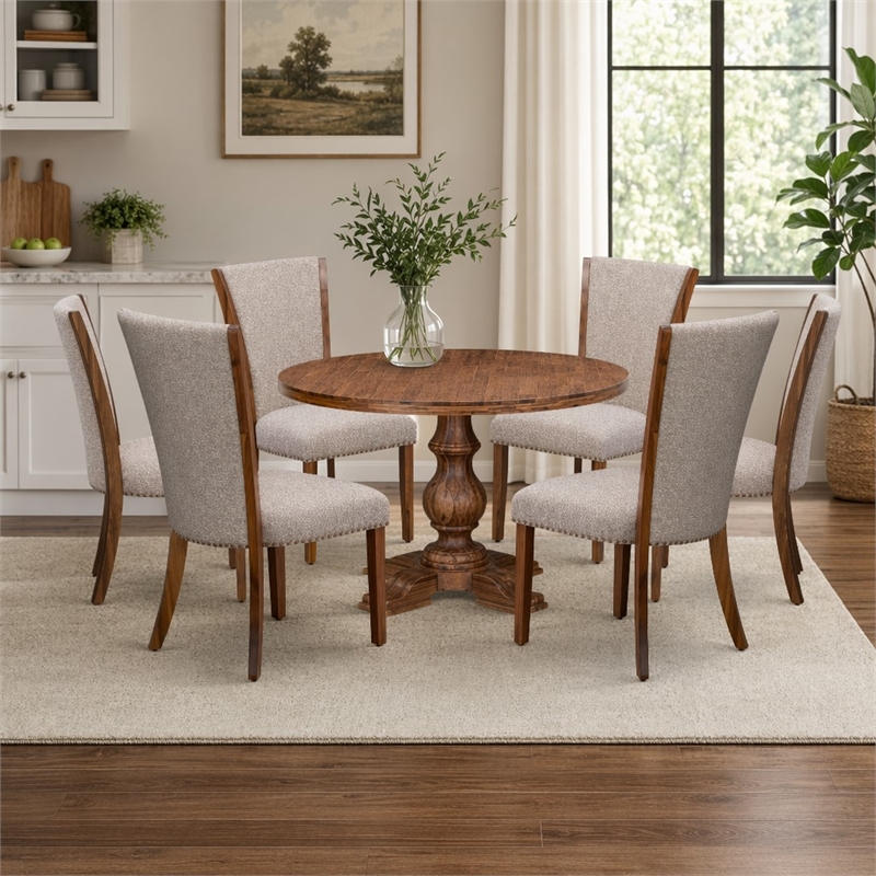 Pemberly Row 7-Piece Round Dining Table Set with Linen Chairs Walnut