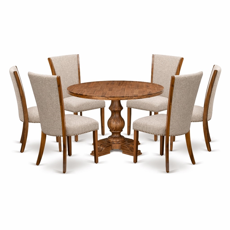 Pemberly Row 7-Piece Round Dining Table Set with Linen Chairs Walnut