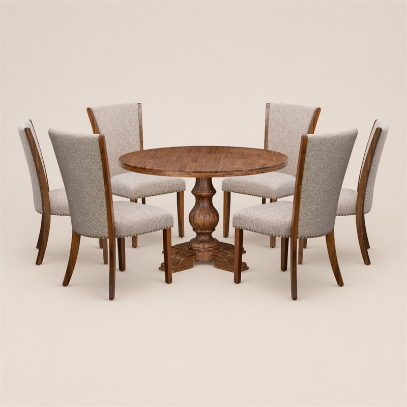Pemberly Row 7-Piece Round Dining Table Set with Linen Chairs Walnut