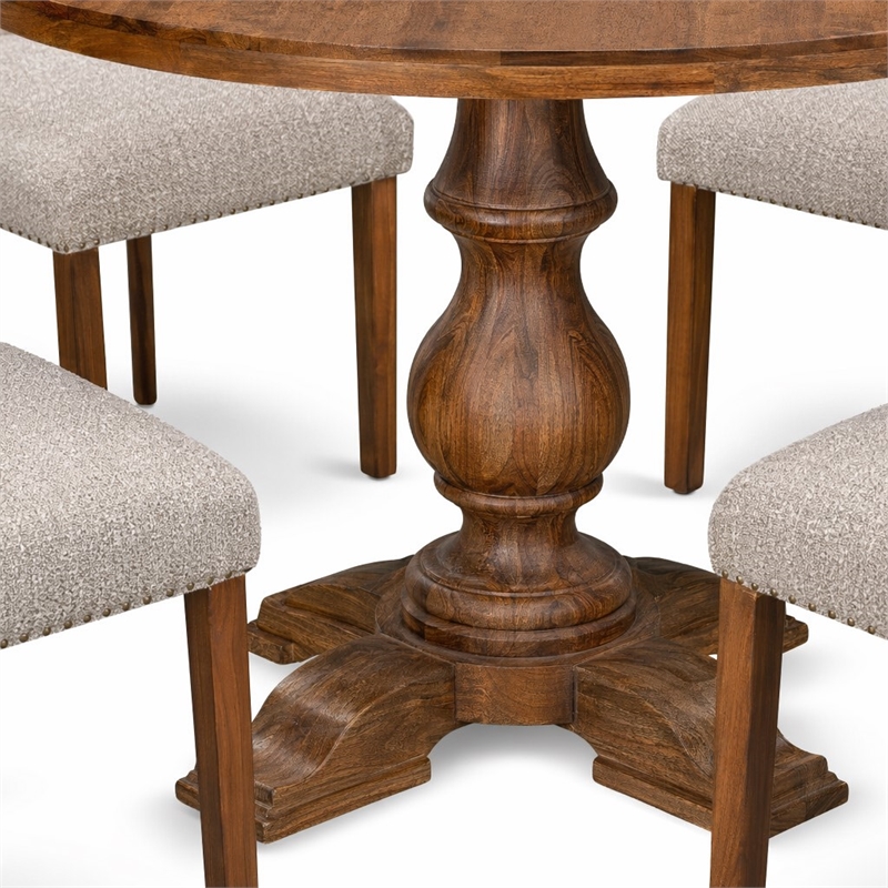 Pemberly Row 7-Piece Round Dining Table Set with Linen Chairs Walnut