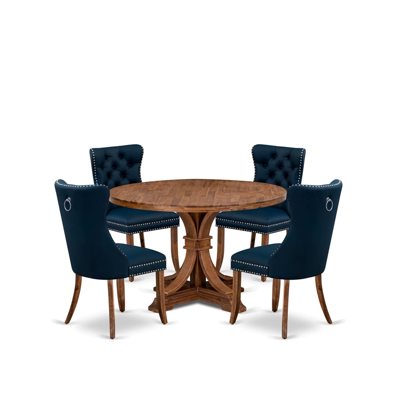 Pemberly Row 5-Piece Antique Walnut Round Kitchen Table Set with Navy Chairs