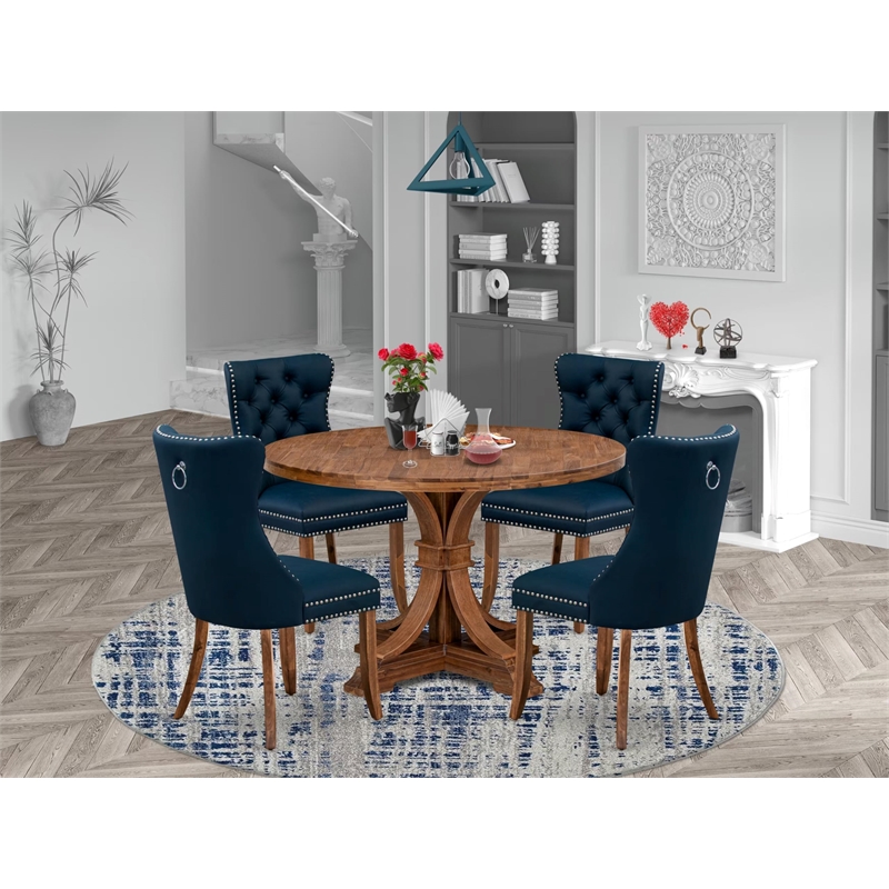 Pemberly Row 5-Piece Antique Walnut Round Kitchen Table Set with Navy Chairs