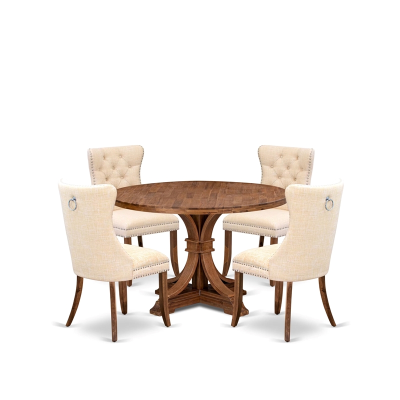 Pemberly Row 5-Piece Walnut Dining Table Set with Beige Linen Upholstery