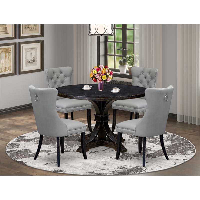 Pemberly Row 5-Piece Round Dining Table Set in Sand-Blasted Black Wood