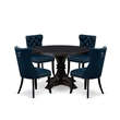 Pemberly Row 5-Piece Round Dining Set in Black Finish with Navy Chairs