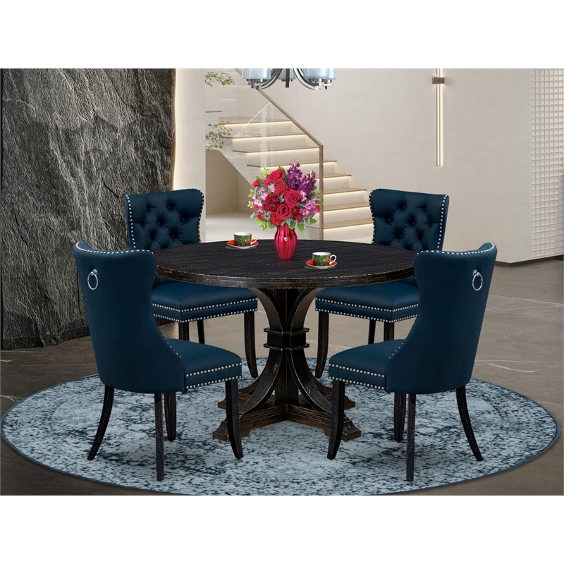 Pemberly Row 5-Piece Round Dining Set in Black Finish with Navy Chairs