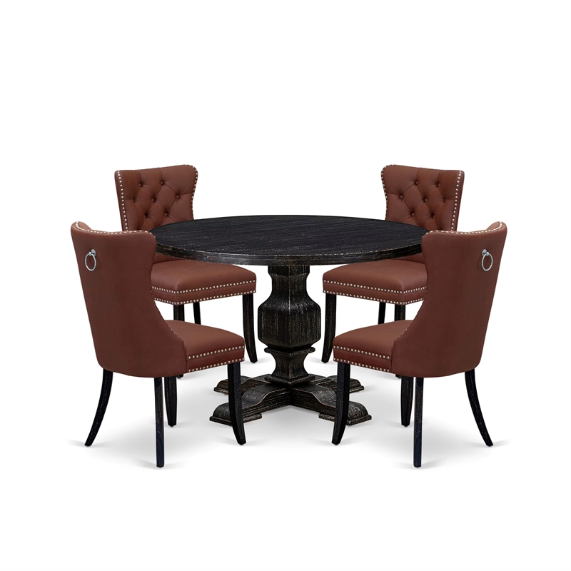 Pemberly Row 5-Piece Round Dining Set Wood Black Finish Faux Leather