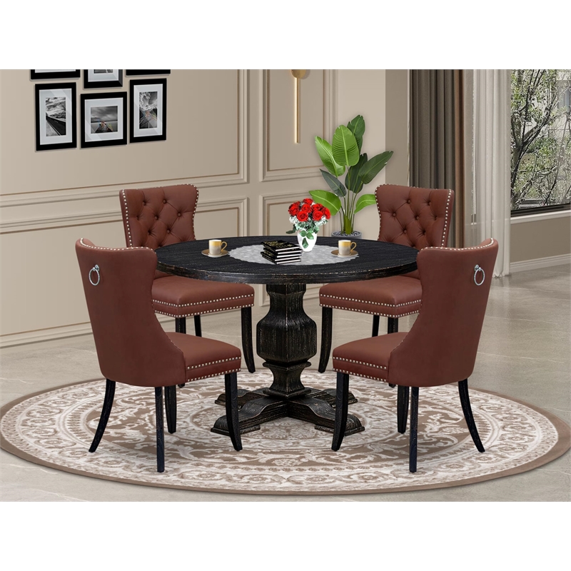 Pemberly Row 5-Piece Round Dining Set Wood Black Finish Faux Leather