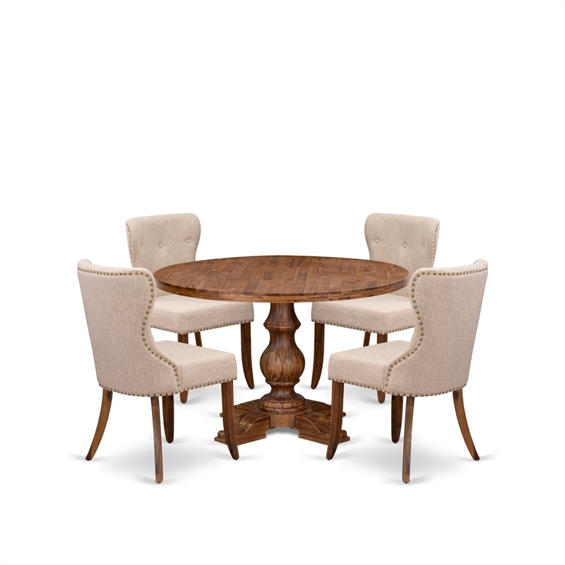 Pemberly Row 5-Piece Dining Set with Walnut Finish and Parsons Chairs