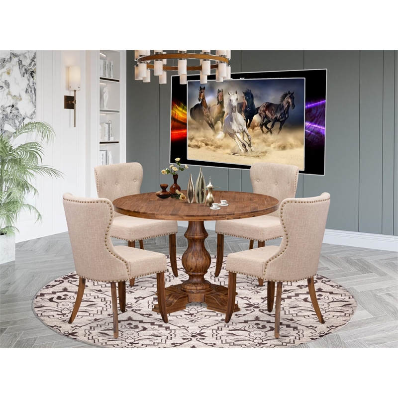 Pemberly Row 5-Piece Dining Set with Walnut Finish and Parsons Chairs