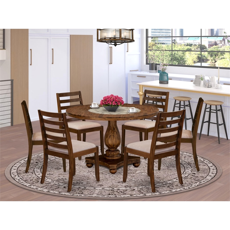 Pemberly Row 7-Piece Round Modern Dining Set in Antique Walnut Finish
