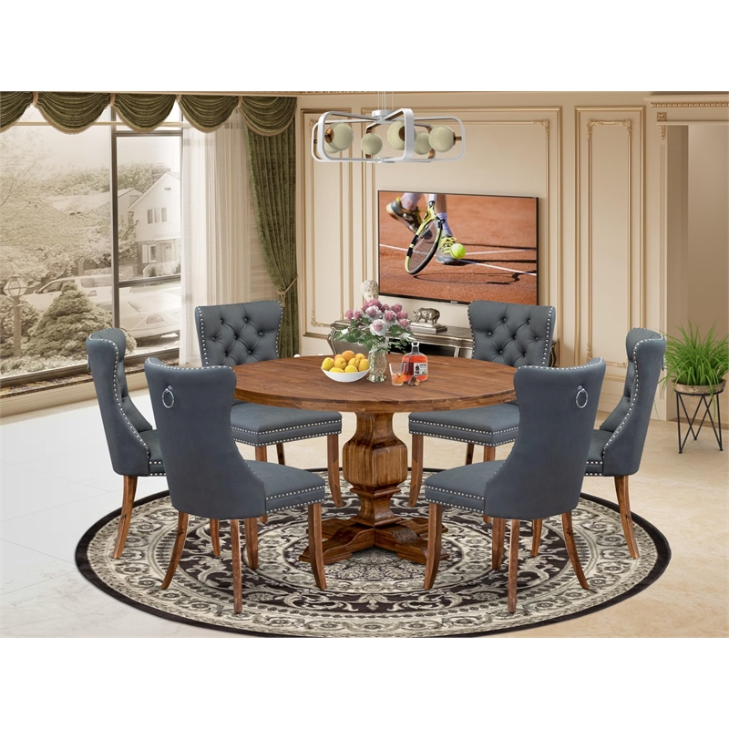 Pemberly Row 7-Piece Dining Table Set in Walnut Finish with Faux Leather Chairs