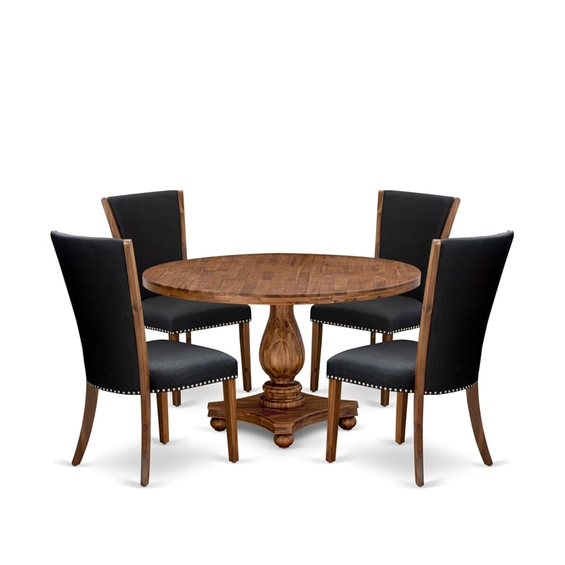 Pemberly Row 5-Piece Round Dining Set in Walnut Finish with Linen Upholstery