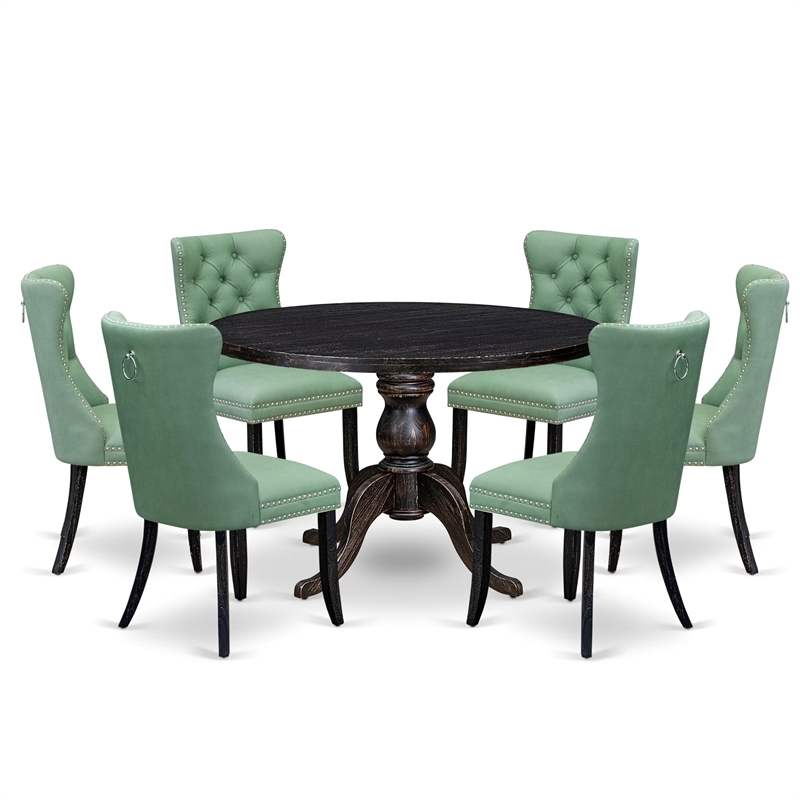 Pemberly Row 7 Pc Black Dining Set Willow Green Faux Leather Chairs