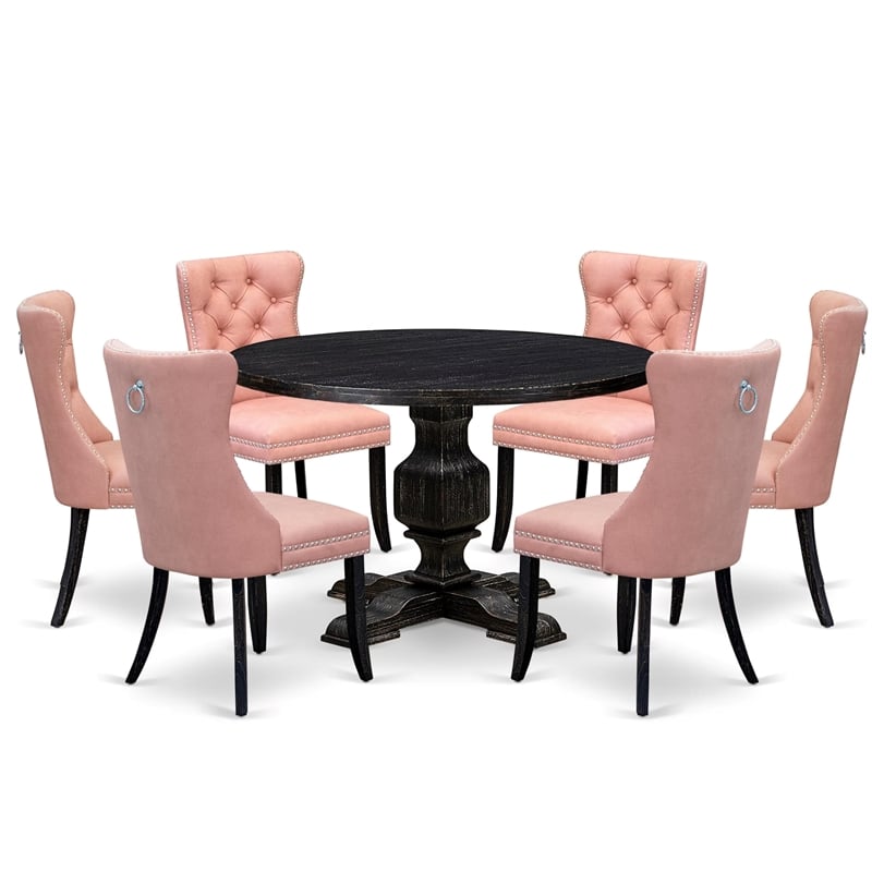 Pemberly Row 7 Pc Round Dining Set Black Beige Red Faux Leather