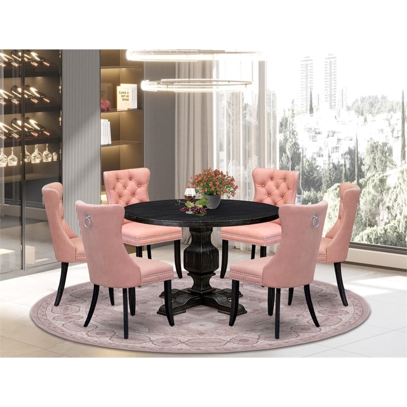 Pemberly Row 7 Pc Round Dining Set Black Beige Red Faux Leather