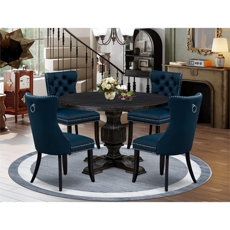 Pemberly Row 5 Pc Round Dining Set Black Faux Leather Chairs