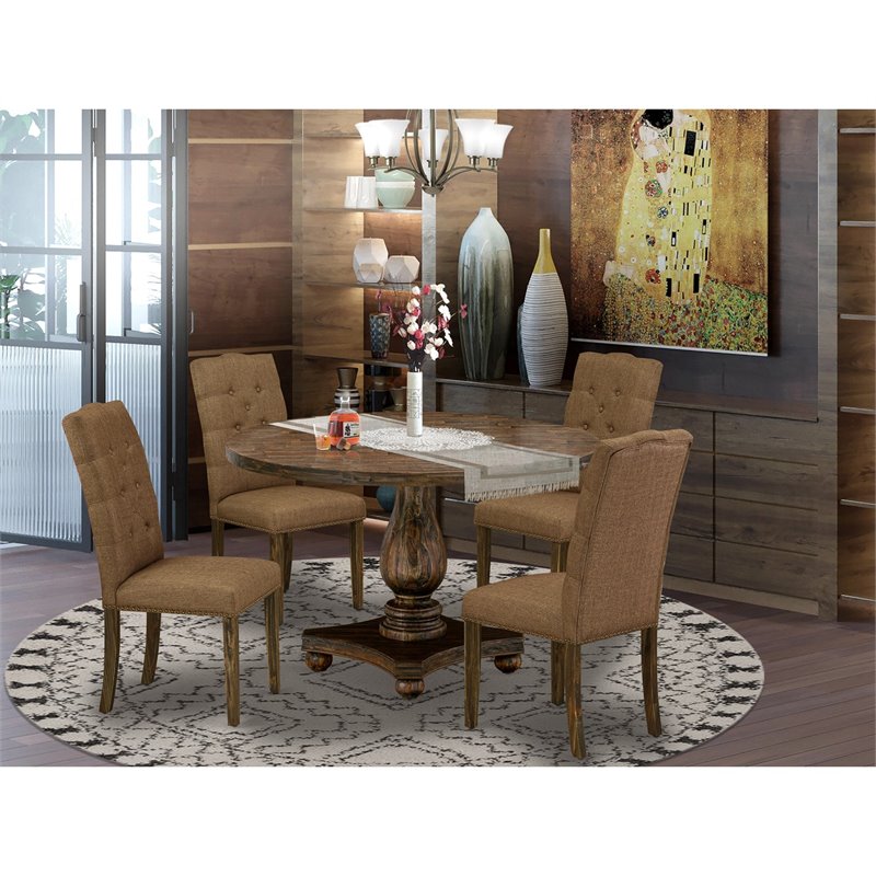 Pemberly Row 5-Piece Dining Set in Distressed Jacobean with Brown Chairs