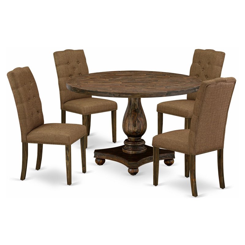 Pemberly Row 5-Piece Dining Set in Distressed Jacobean with Brown Chairs