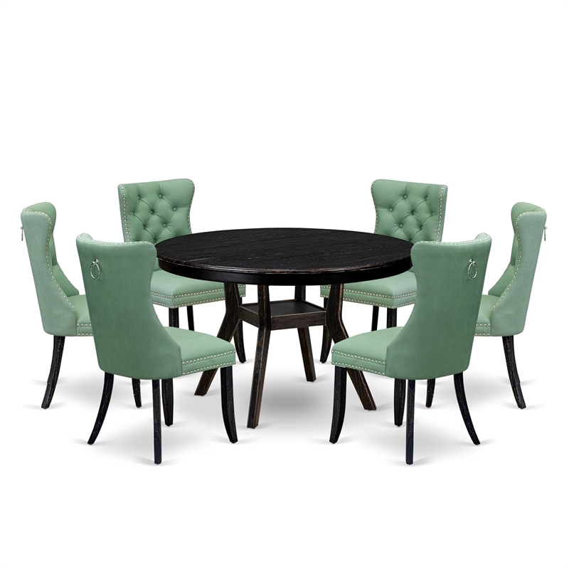 Pemberly Row 7-Piece Rubberwood Dining Set with Round Table in Black