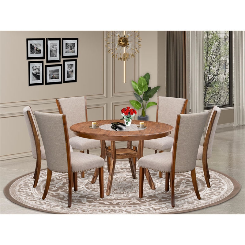 Pemberly Row 7-Piece Round Kitchen Dining Set in Walnut Finish