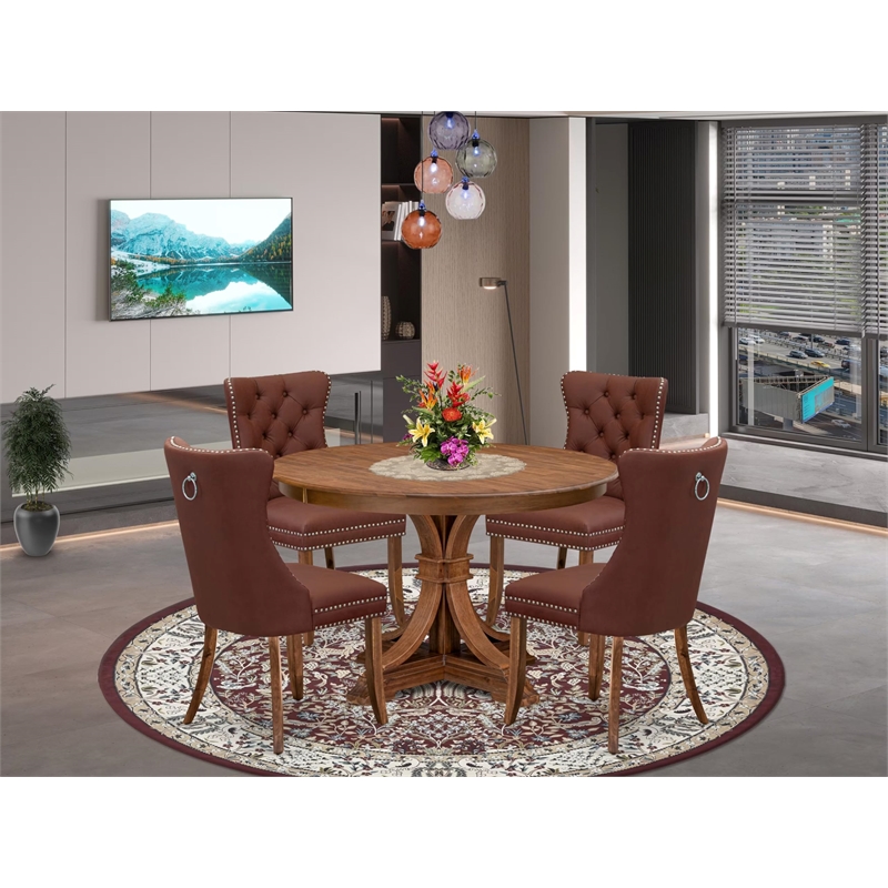 Pemberly Row 5-Piece Mid Century Dining Set in Walnut with Faux Leather