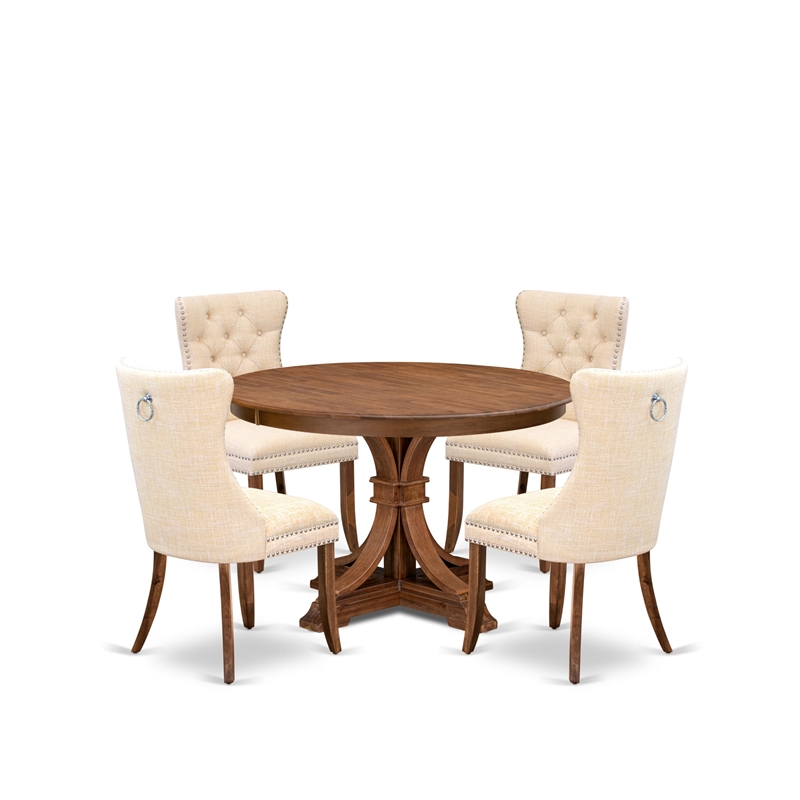 Pemberly Row 5-Piece Kitchen Dining Set in Walnut with Linen Chairs