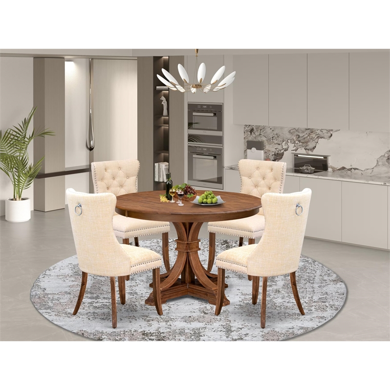 Pemberly Row 5-Piece Kitchen Dining Set in Walnut with Linen Chairs