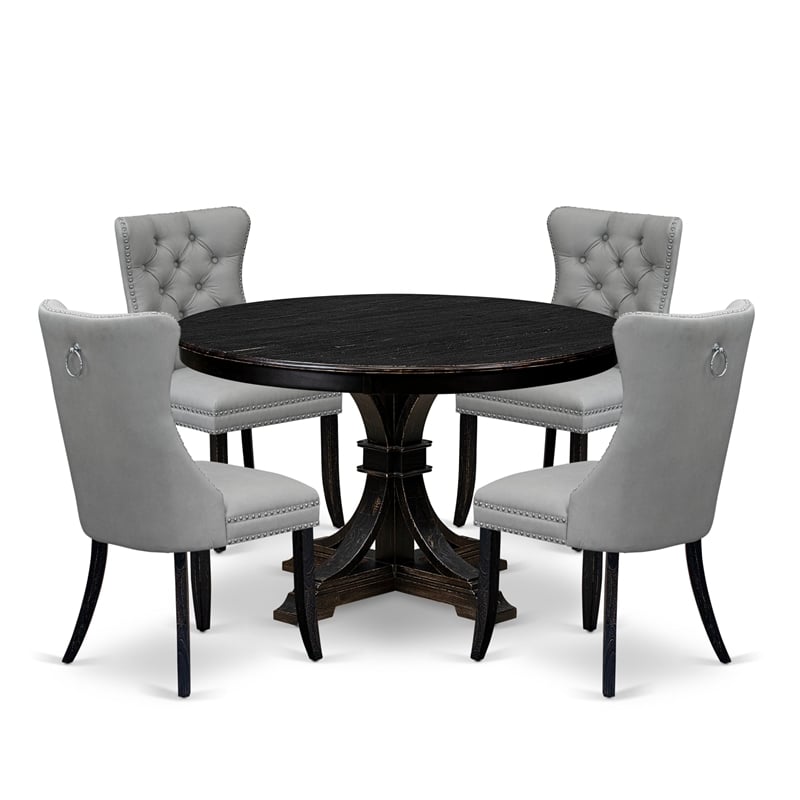 Pemberly Row 5-Piece Round Dining Table Set with Light Gray Chairs in Black