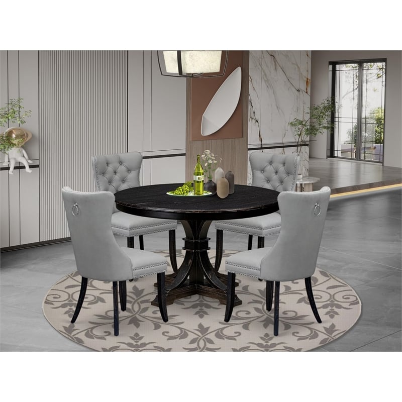 Pemberly Row 5-Piece Round Dining Table Set with Light Gray Chairs in Black