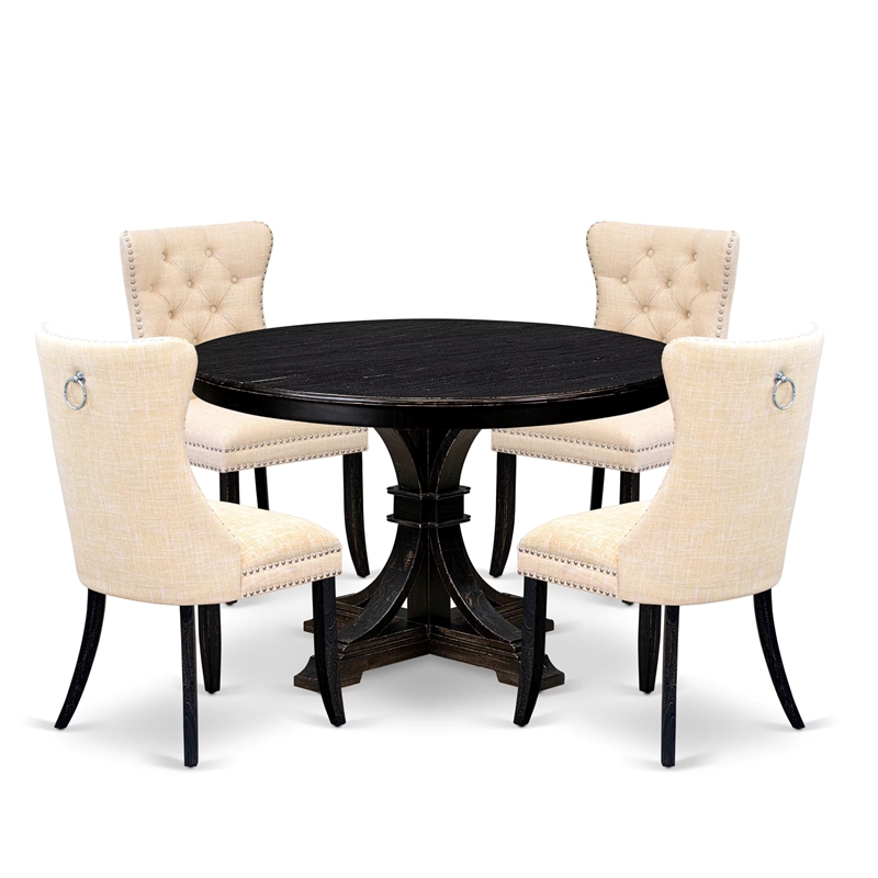 Pemberly Row 5-Piece Mid-Century Dining Set with Beige Linen Chairs in Black