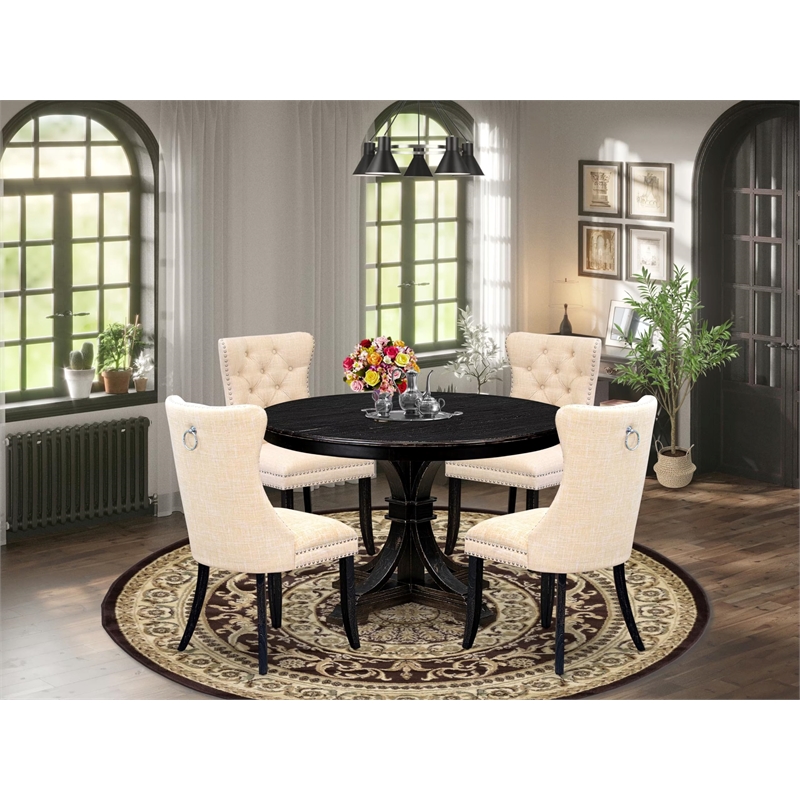 Pemberly Row 5-Piece Mid-Century Dining Set with Beige Linen Chairs in Black