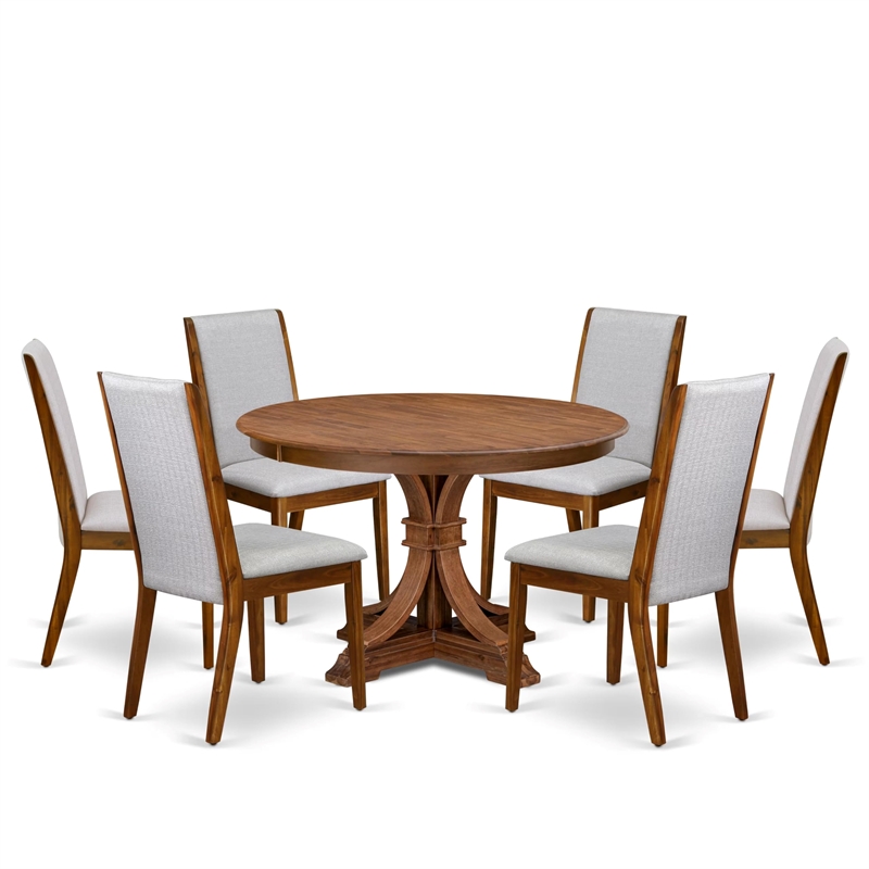 Pemberly Row 7-Piece Dining Set with Wood Table and Grey Linen Chairs