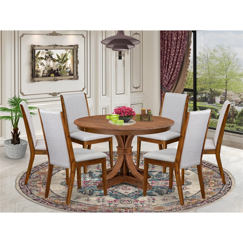 Pemberly Row 7-Piece Dining Set with Wood Table and Grey Linen Chairs