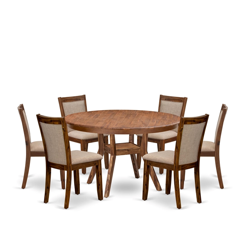 Pemberly Row 7-Piece Mid-Century Dining Set in Walnut with Tan Linen