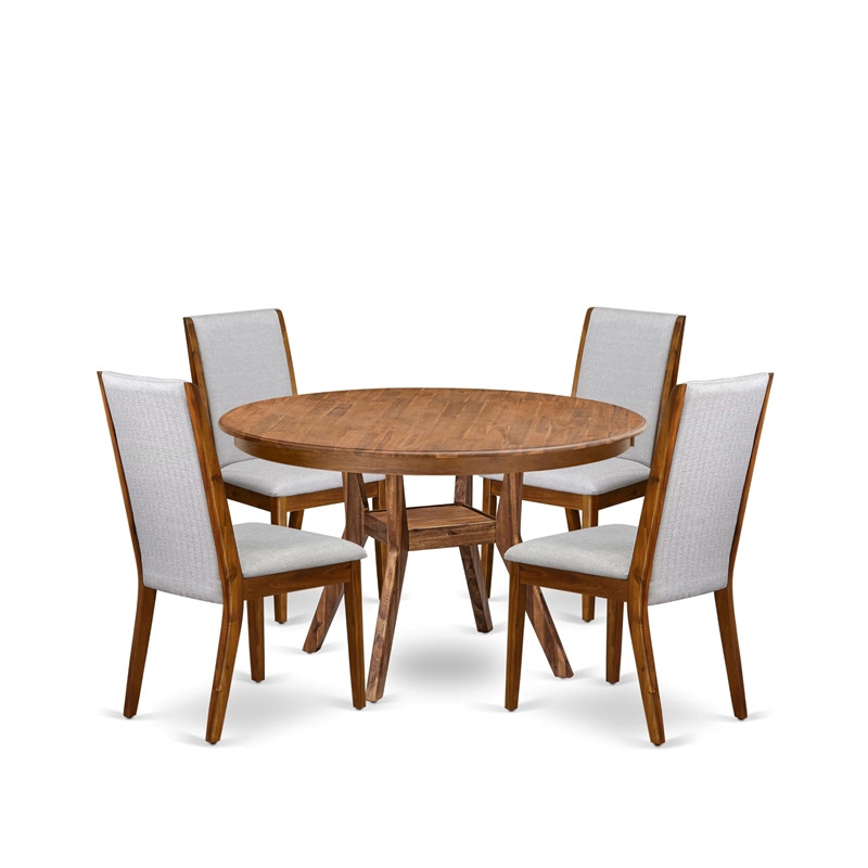 Pemberly Row 5-Piece Mid Century Dining Set in Walnut with Grey Linen Chairs