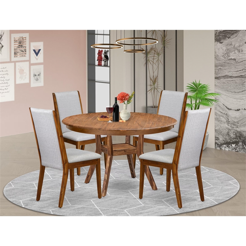 Pemberly Row 5-Piece Mid Century Dining Set in Walnut with Grey Linen Chairs